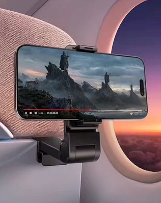 Problems Solved airplane phone holder set showing two black adjustable mounts attached to airplane seats for hands-free travel.