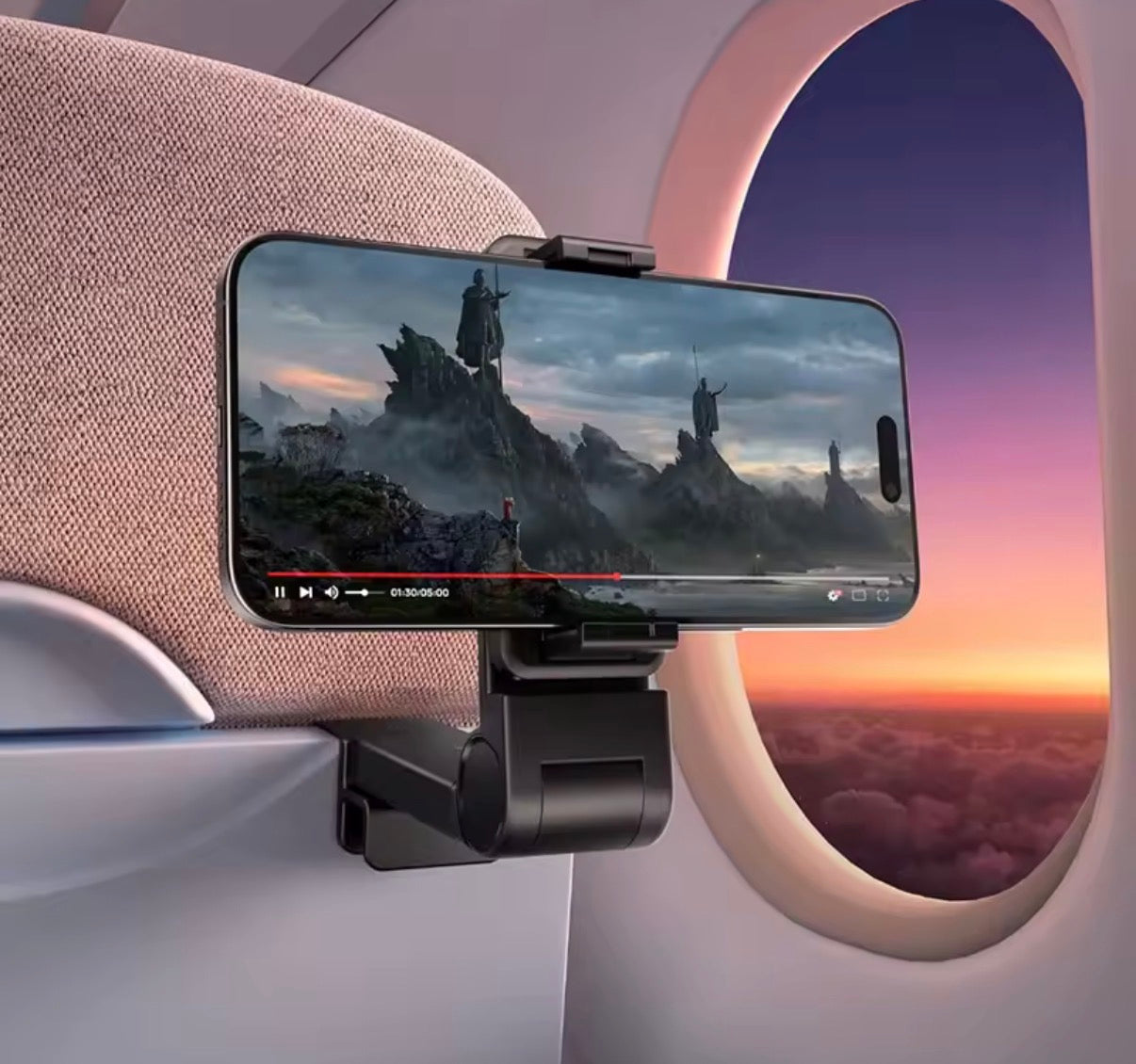 Problems Solved airplane phone holder set showing two black adjustable mounts attached to airplane seats for hands-free travel.