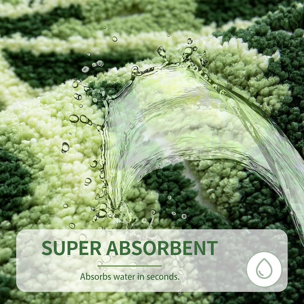 Problems Solved green monstera leaf bath mat, tropical plant-shaped shower rug for bathroom floor.