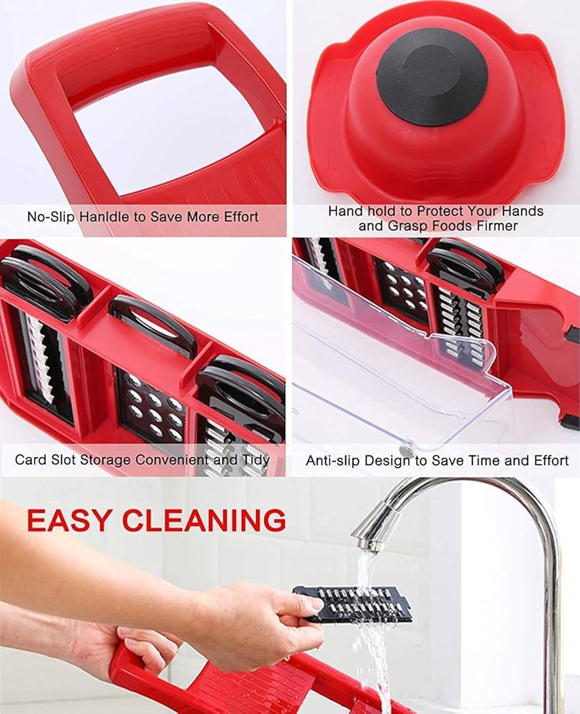 Problems Solved 6-in-1 professional kitchen mandolin with multiple blades for slicing, julienning, and dicing vegetables.