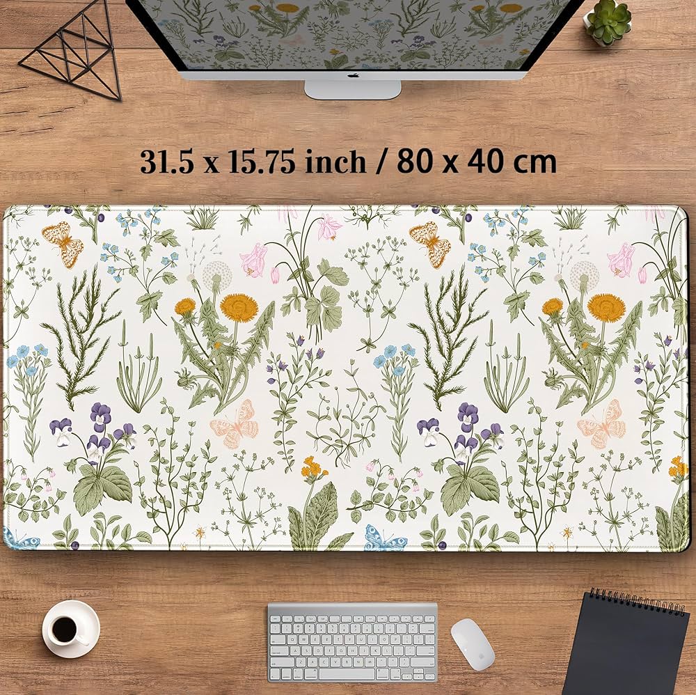 Pressed dried floral mouse pad with cute flower design, Problems Solved desk mat featuring colorful pressed flowers for a decorative workspace