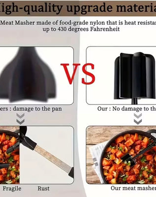 Problems Solved meat chopper and shredder with heat-resistant handle, shown in use on cooked meat in a kitchen setting.