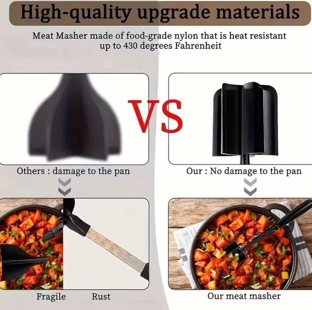 Problems Solved meat chopper and shredder with heat-resistant handle, shown in use on cooked meat in a kitchen setting.
