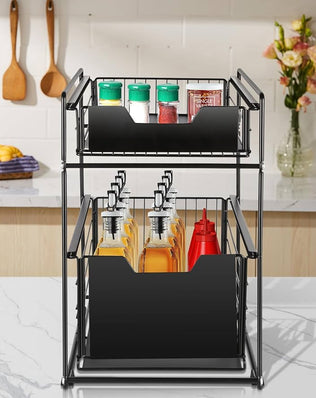 Problems Solved 2-tier under sink storage organizer with slide-out drawers, ideal for kitchen under-sink organization.