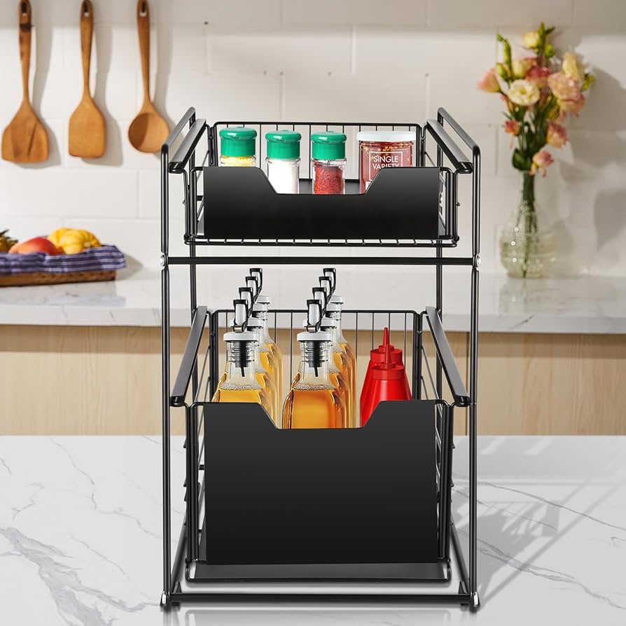 Problems Solved 2-tier under sink storage organizer with slide-out drawers, ideal for kitchen under-sink organization.