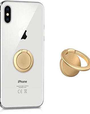 Gold phone ring holder stand with finger grip and kickstand, designed for phone cases and back of smartphones.