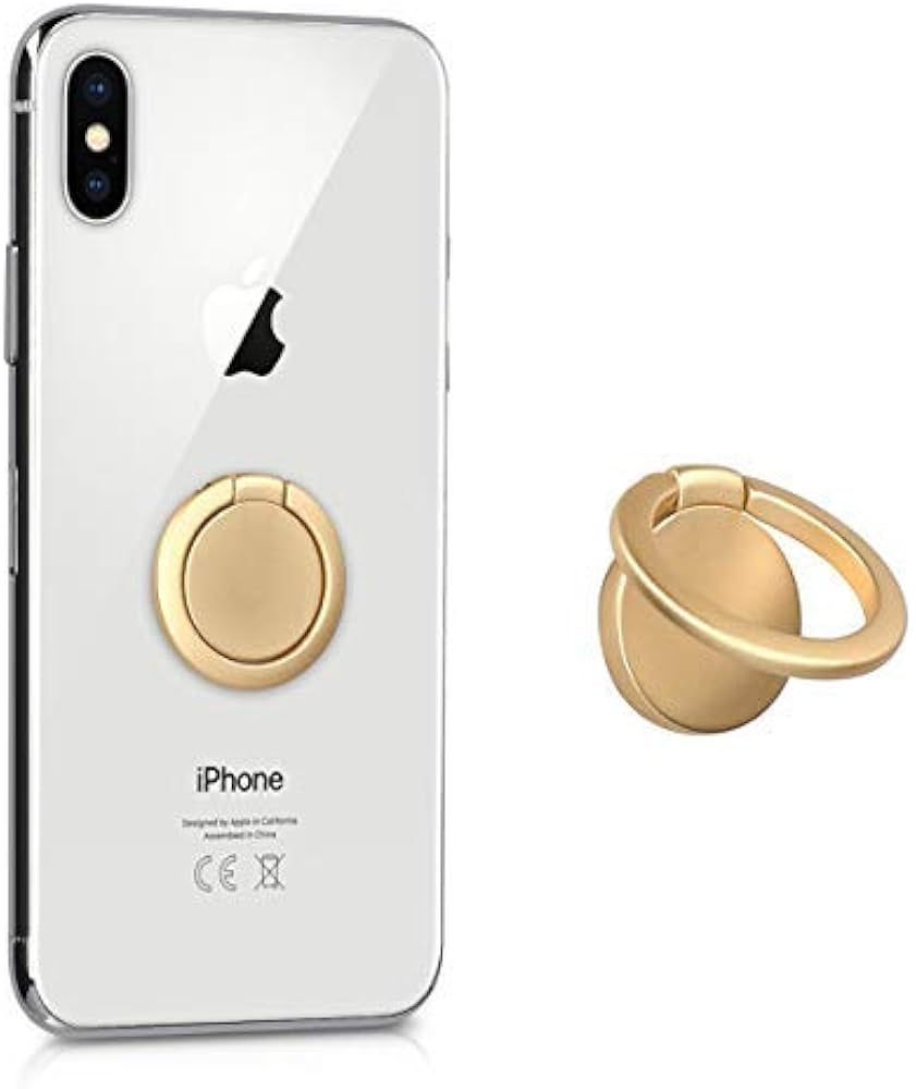 Gold phone ring holder stand with finger grip and kickstand, designed for phone cases and back of smartphones.