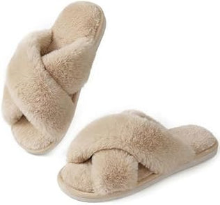 Women Slippers Fluffy Slippers Memory Foam, Cross Band Furry Open Toe Slippers Cozy
