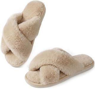 Women Slippers Fluffy Slippers Memory Foam, Cross Band Furry Open Toe Slippers Cozy