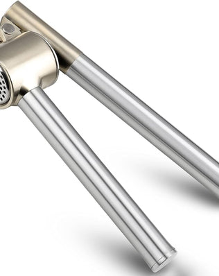 Problems Solved stainless steel garlic press with ergonomic handle and sturdy mincer for effortless garlic crushing and mincing.