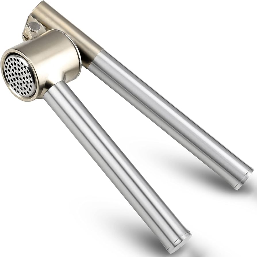 Problems Solved stainless steel garlic press with ergonomic handle and sturdy mincer for effortless garlic crushing and mincing.