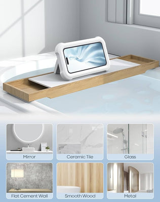 Problems Solved waterproof shower phone holder with 480º rotation wall mount, fits smartphones in a secure, water-resistant case.