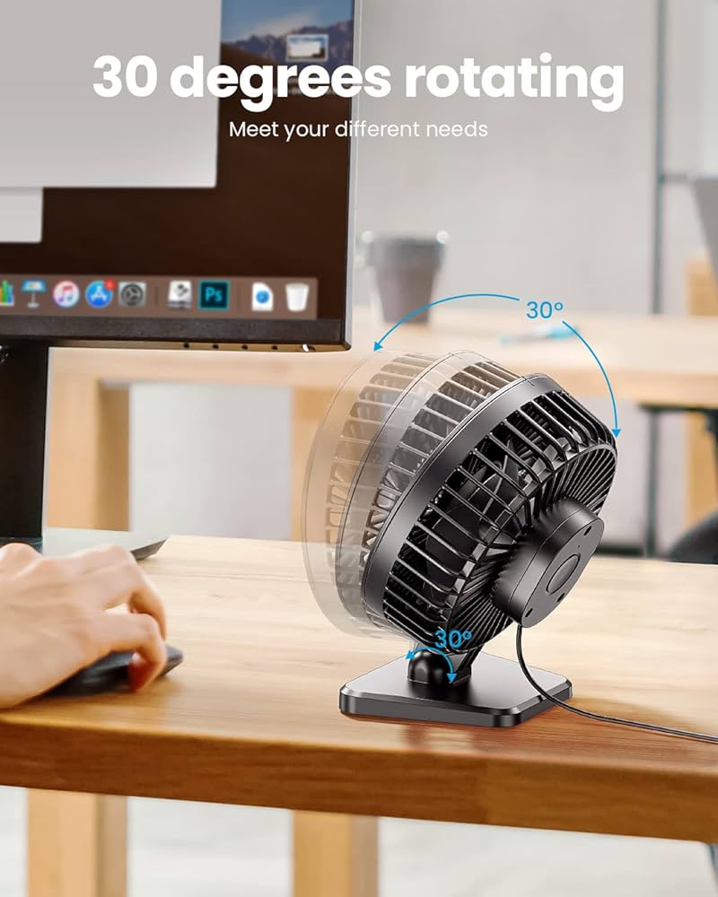 Problems Solved USB desk fan with three speed settings, compact and portable, quiet personal desktop fan showing blades and control buttons.