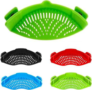 Problems Solved Snap Strainer clip-on heat-resistant silicone strainer for pots and pans, hands-free cooking tool in use.
