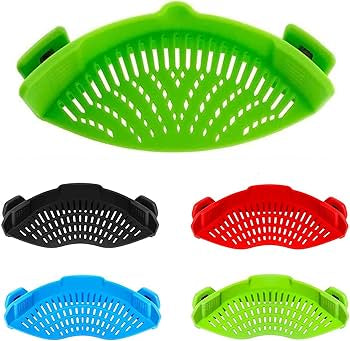 Problems Solved Snap Strainer clip-on heat-resistant silicone strainer for pots and pans, hands-free cooking tool in use.