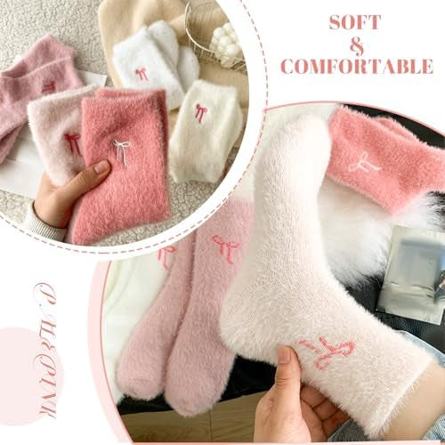 5 Pairs Soft Warm Socks for Women with Bow, Thick Winter Socks for Home