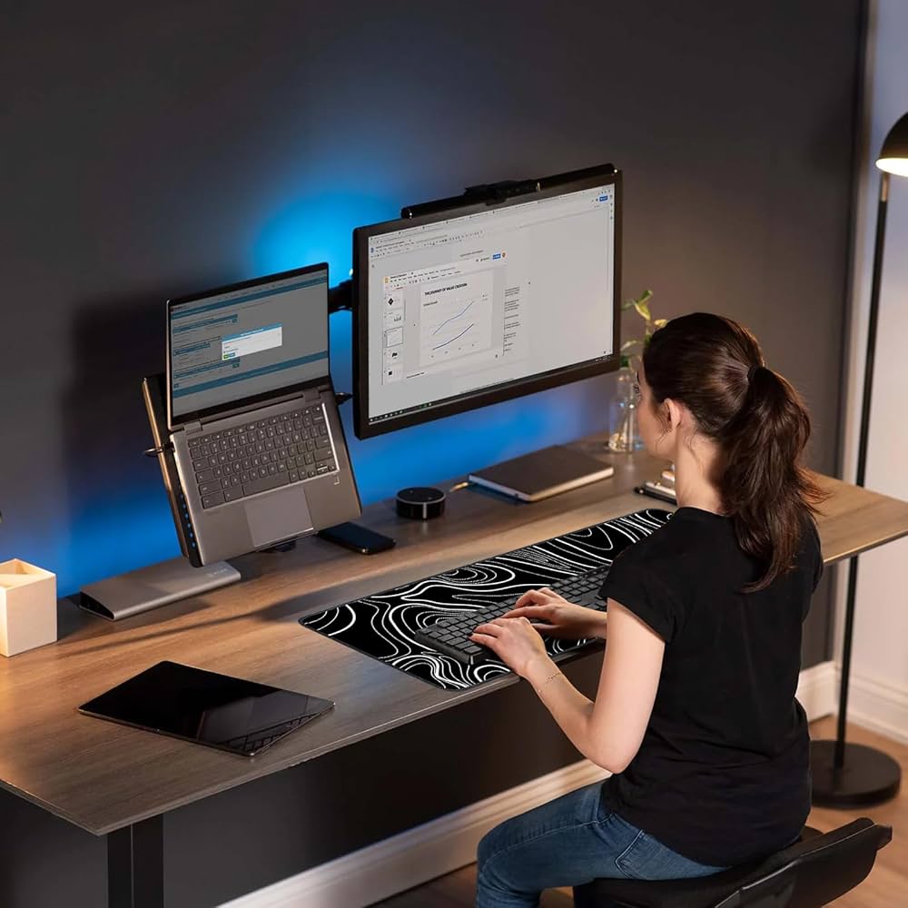 Problems Solved XXL gaming mouse mat, large 800x300mm desk mat with non-slip rubber surface and smooth tracking area.