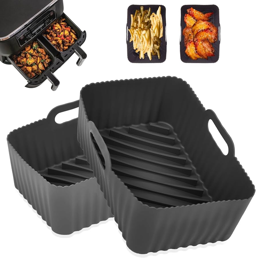 Two silicone air fryer liners for Ninja Foodi Dual DZ201, non-stick basket, by Problems Solved, shown in the image.