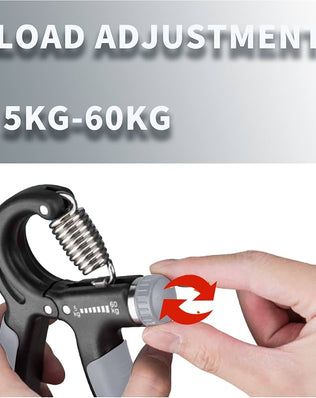 Problems Solved adjustable hand grip strengthener with 5-60 kg resistance for forearm and wrist training, shown in use.