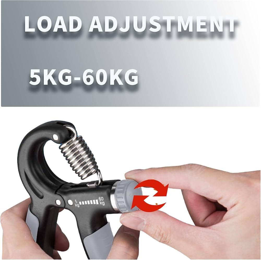 Problems Solved adjustable hand grip strengthener with 5-60 kg resistance for forearm and wrist training, shown in use.