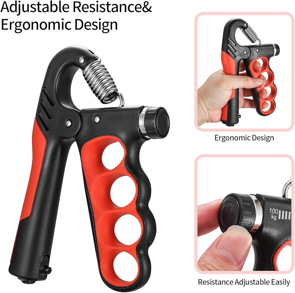 Problems Solved adjustable grip strengthener with 5-100 kg capacity, featuring textured handles for improved hand exercise.