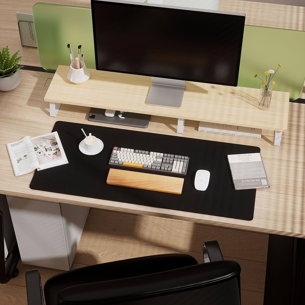 Problems Solved double-sided PU leather and eco cork desk pad, providing a protective, stylish surface for workspace organization.