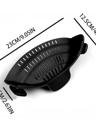 Problems Solved adjustable silicone clip-on drainer for pots, pans, and bowls, shown attached to cookware in a kitchen setting.