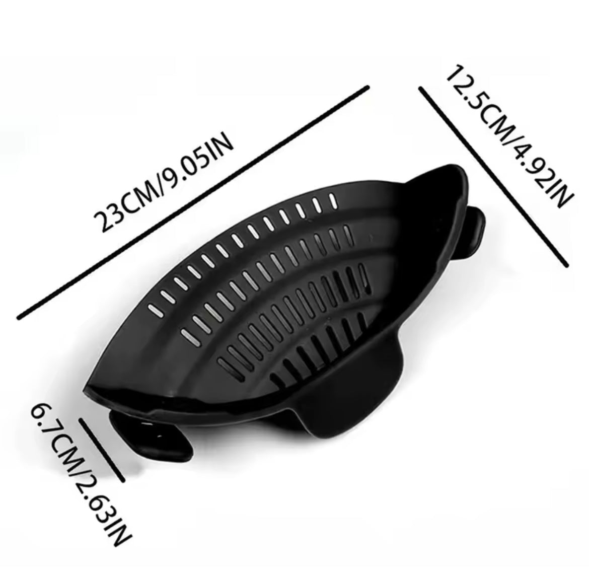 Problems Solved adjustable silicone clip-on drainer for pots, pans, and bowls, shown attached to cookware in a kitchen setting.