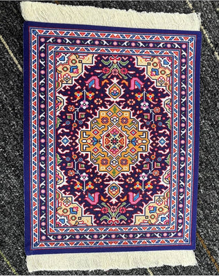 Creative mini rug mouse mat featuring an oriental carpet pattern textile fabric, by Problems Solved.