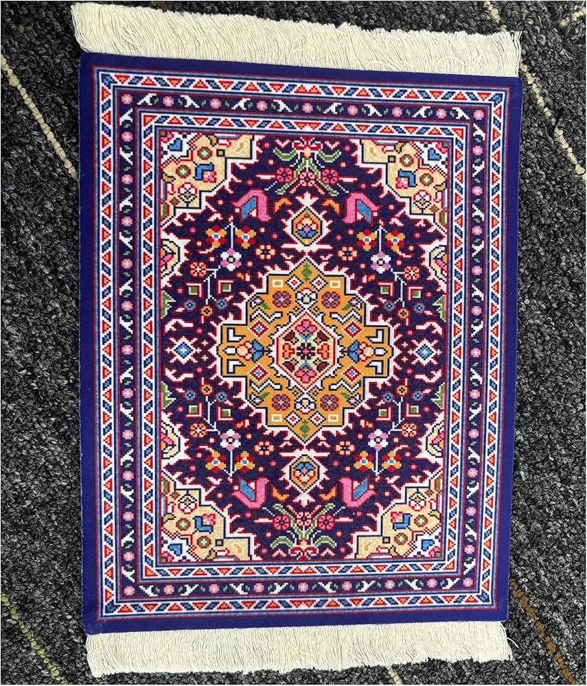 Creative mini rug mouse mat featuring an oriental carpet pattern textile fabric, by Problems Solved.