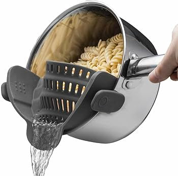 Silicone pot strainer clip-on for pots and pans, heat-resistant kitchen drainer with handle for easy draining.