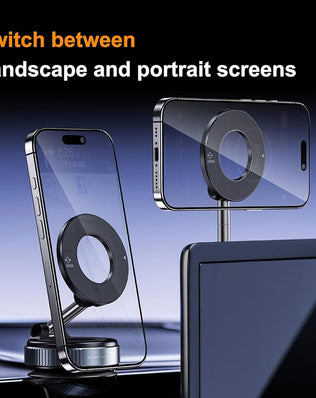 Problems Solved upgraded magnetic phone holder with 360° rotation, adjustable and foldable design, holding a smartphone securely.