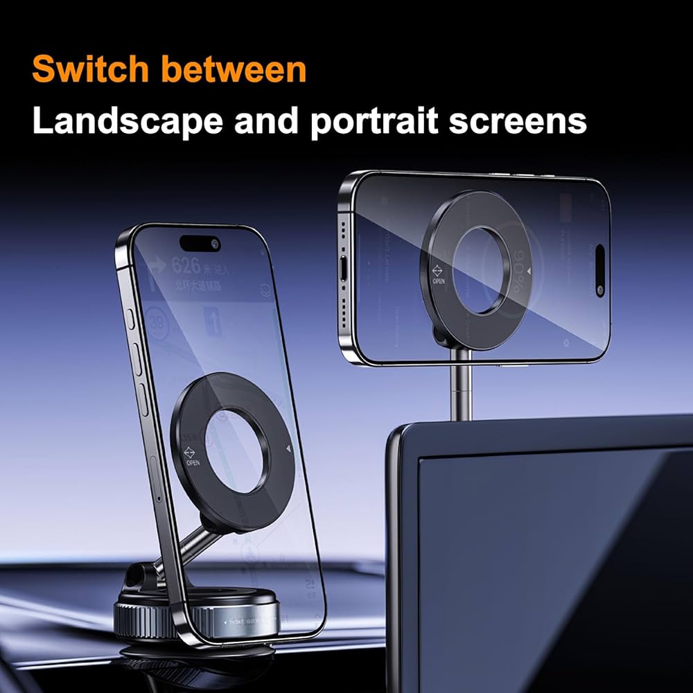 Problems Solved upgraded magnetic phone holder with 360° rotation, adjustable and foldable design, holding a smartphone securely.