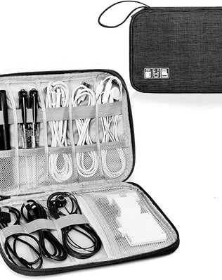 Problems Solved cable bag and organizer for travel, compact electronics travel organizer with multiple compartments for cables and accessories.
