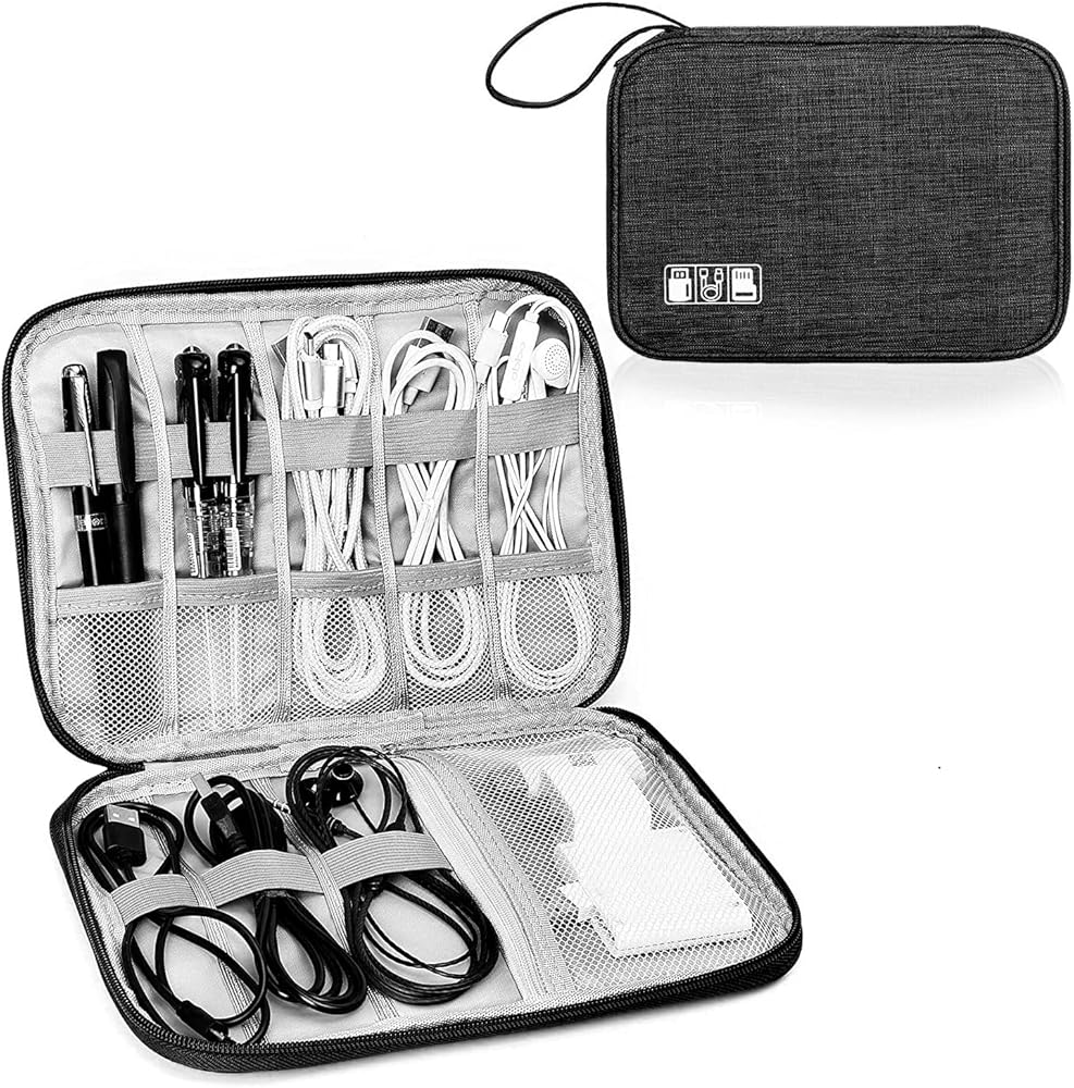 Problems Solved cable bag and organizer for travel, compact electronics travel organizer with multiple compartments for cables and accessories.