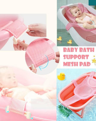 Baby bath net and pad with mesh and adjustable straps, soft bath insert and mat for comfortable bathing of infants.
