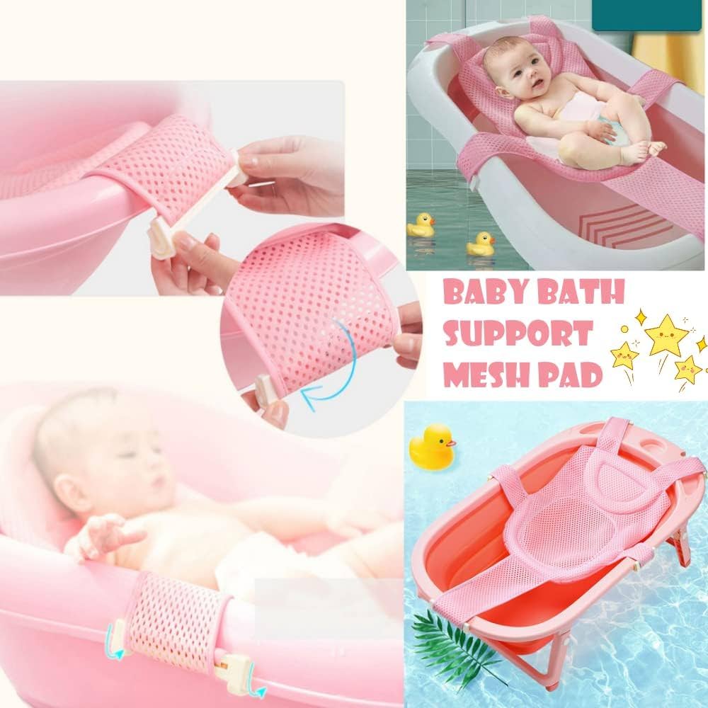 Baby bath net and pad with mesh and adjustable straps, soft bath insert and mat for comfortable bathing of infants.