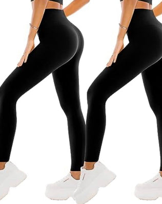 Problems Solved high waisted women's leggings, buttery soft elastic fabric with tummy control, 2-pack, black and gray colors.