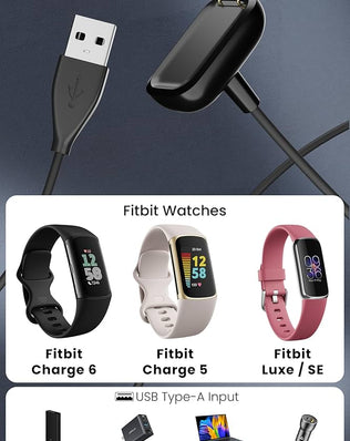 Problems Solved Fitbit Charge 6/5/Luxe smartwatch 3.3ft replacement charging cable plugged into the device showing charging status.