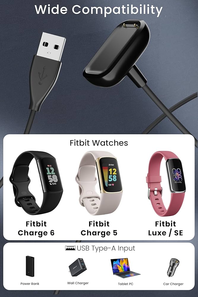 Problems Solved Fitbit Charge 6/5/Luxe smartwatch 3.3ft replacement charging cable plugged into the device showing charging status.