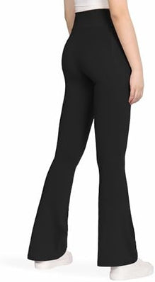 Girls flared leggings by Problems Solved, high-waisted kids pants with V cross design and flared leg style.