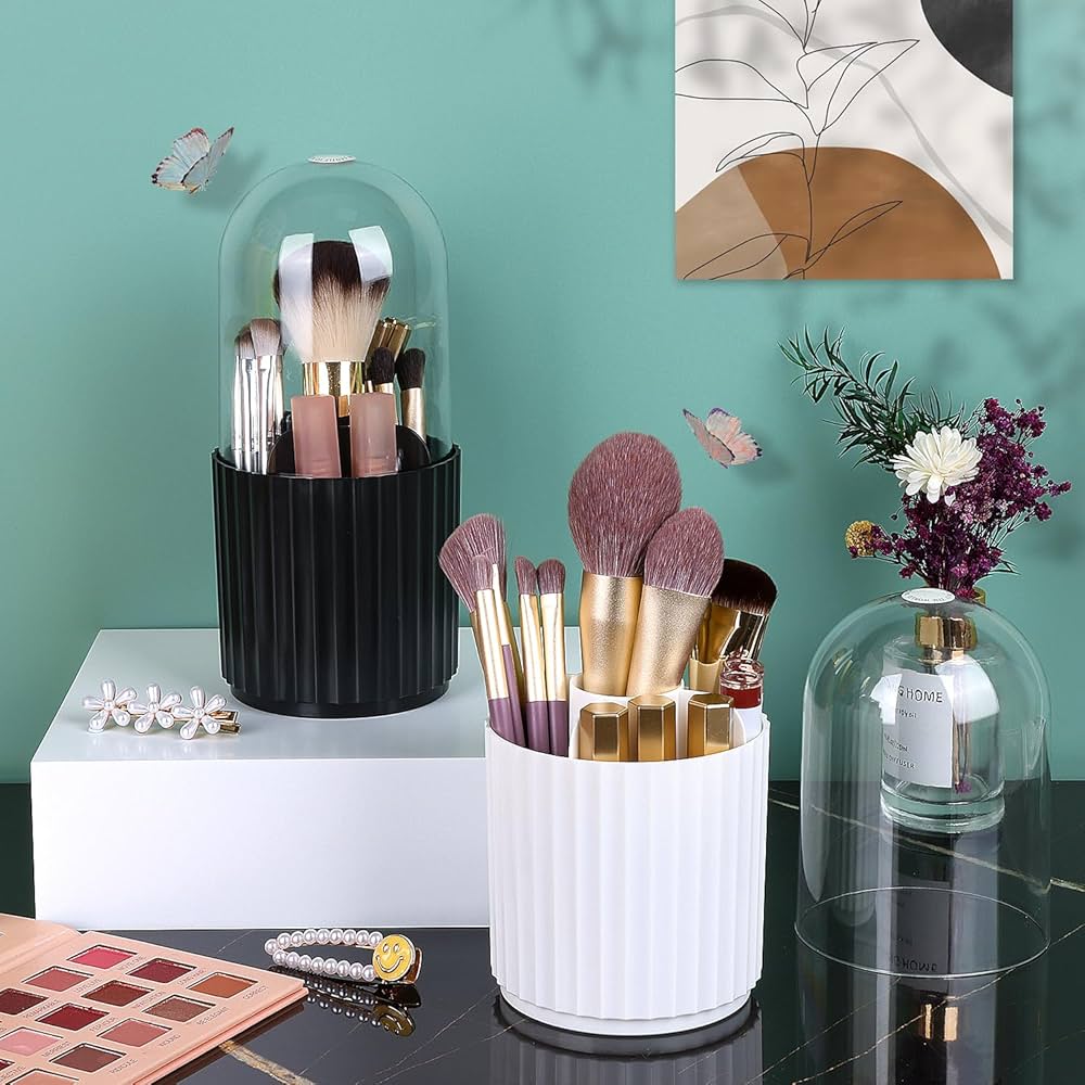 Makeup Brush Holder with Lid, 360 Degree Makeup Brush Organizer Rotating