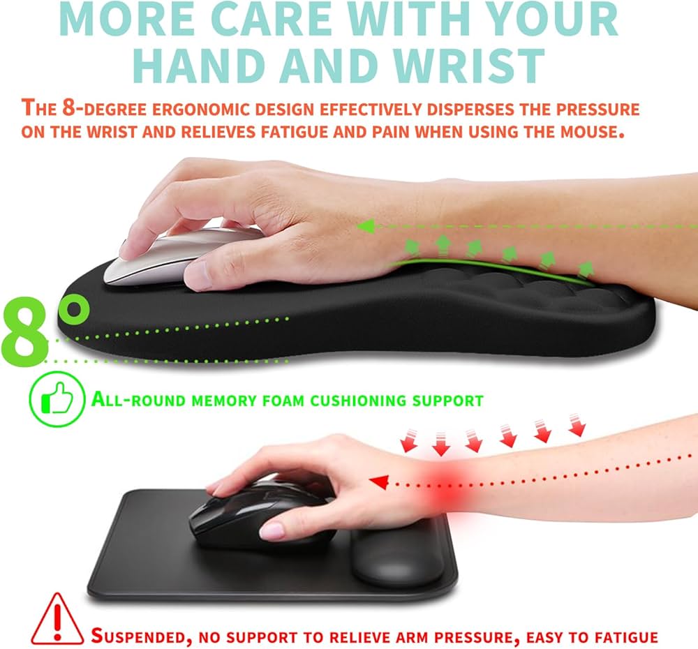 Large ergonomic mouse pad from Problems Solved with wrist support and gel massage for comfortable computer use.