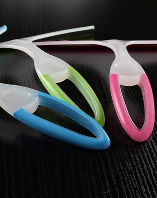 Problems Solved blue handle window squeegee with rubber blade for glass cleaning in bath, kitchen, and car windows.