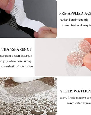Problems Solved 24-piece self-adhesive shower stickers non-slip shower mat on bathroom floor, with textured surface for safety.