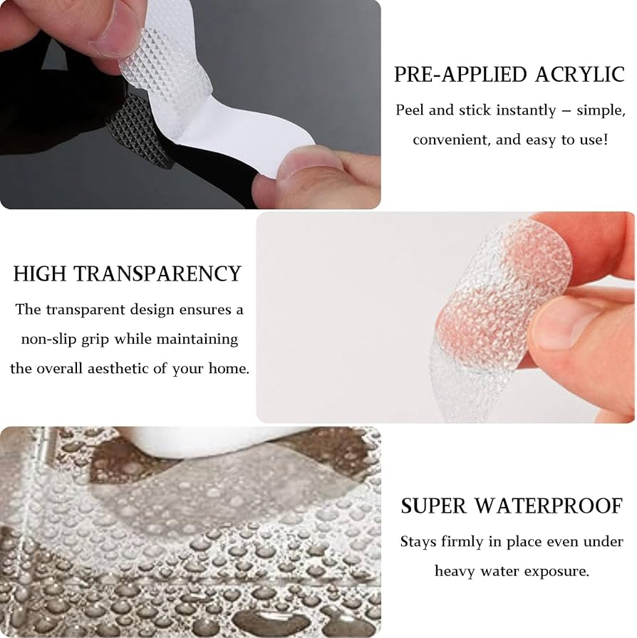 Problems Solved 24-piece self-adhesive shower stickers non-slip shower mat on bathroom floor, with textured surface for safety.