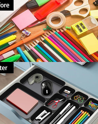 Problems Solved 16-piece drawer organizer set with clear plastic compartments for kitchen and bathroom storage.