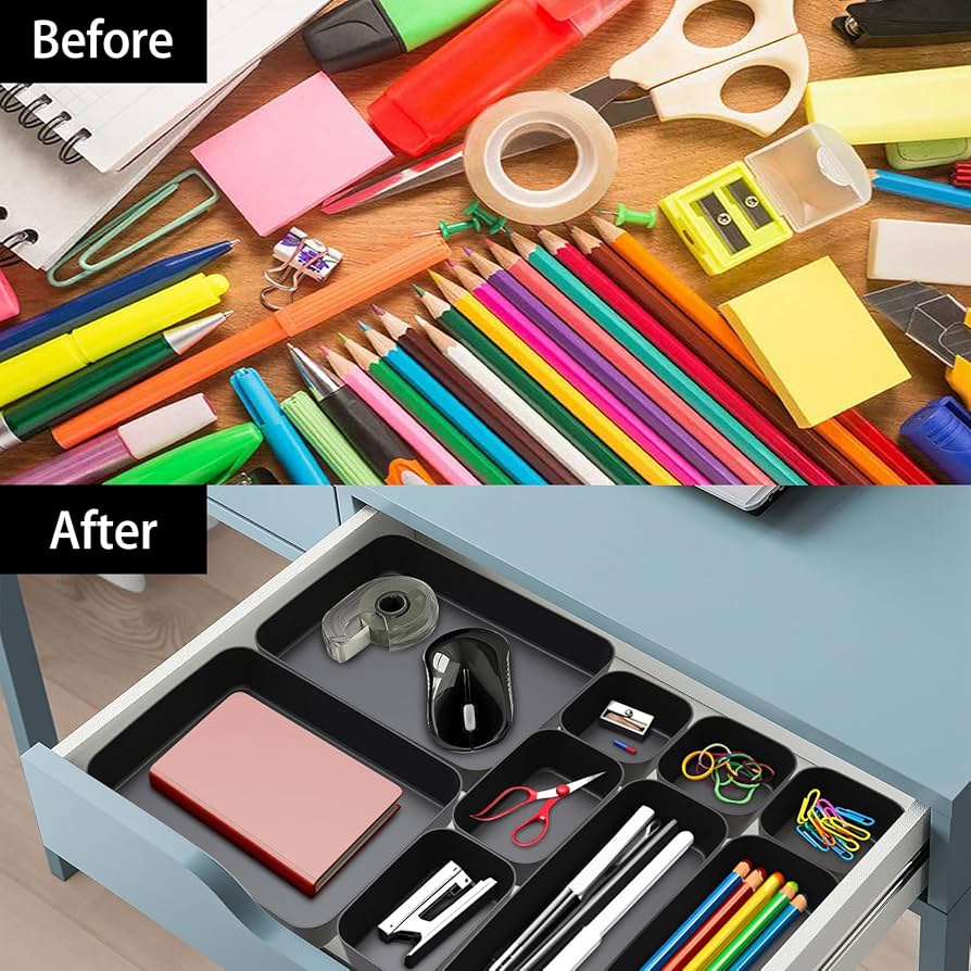 Problems Solved 16-piece drawer organizer set with clear plastic compartments for kitchen and bathroom storage.