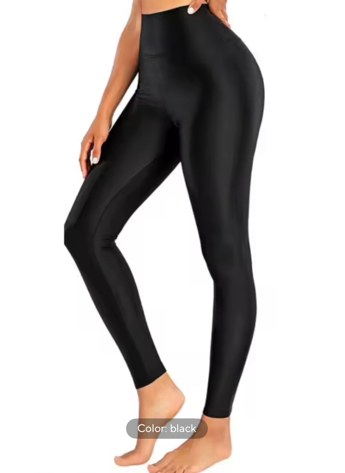 Shiny black high-elastic leggings for stage performance by Problems Solved, designed for a sleek, snug fit and eye-catching shine.