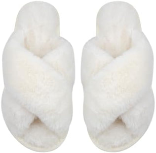 Women's Fluffy Cross Band House Slippers Fuzzy Open Toe Slippers Slip-on Cosy Plush